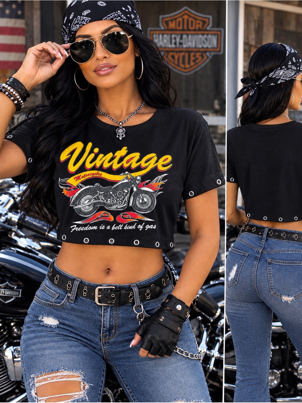 On Fire Black Vintage Motorcycle Graphic Crop Top with Yellow Accent Ptp 18”